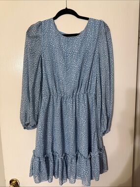 Blue Floral Long Sleeve Ruffle Hem Dress